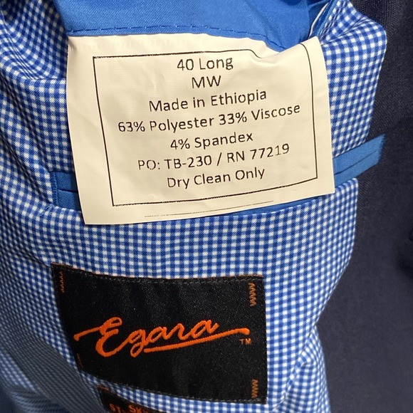 EGARA mens solid navy blue sport coat suit jacket blazer SLIM FIT 40 Long - Picture 5 of 9